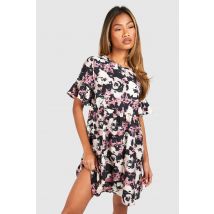 Robe Babydoll Fleurie À Volants - Noir - 46, Noir