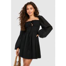 Robe Champêtre Courte En Mousseline De Soie À Manches Longues - Noir - 46, Noir