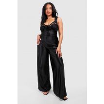 Grande Taille - Combinaison Large Satinée À Détails En Dentelle - Noir - 46, Noir