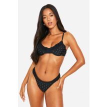Bas De Maillot Tanga Froncé À Strass - Noir - 38, Noir