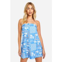 Robe Bustier Courte Imprimée - Bleu - 36, Bleu