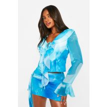 Blouse À Volants À Imprimé Abstrait - Bleu - 34, Bleu