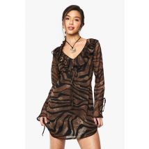 Robe Droite À Volants - Marron - 36, Marron