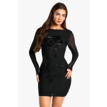 Robe Courte À Ornements Fleuris - Noir - 38, Noir