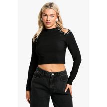 Top À Manches Longues Et Découpes En Strass - Noir - S, Noir