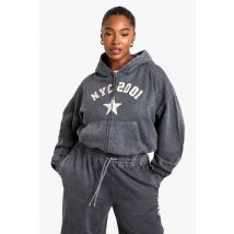 Grande Taille - Sweat À Capuche Délavé Zippé À Écusson Nyc - Gris Anthracite - 56, Gris Anthracite