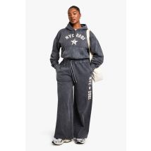 Grande Taille - Jogging Droit Délavé À Écusson Nyc - Gris Anthracite - 50, Gris Anthracite