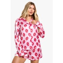 Ensemble De Pyjama Satiné Avec Chemise À Manches Longues Et Short - Rose - 34, Rose