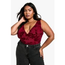 Grande Taille - Body Délavé Fleuri - Rouge Cerise - 46, Rouge Cerise