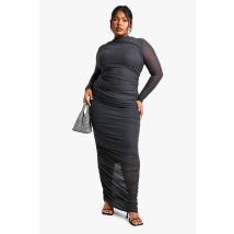 Grande Taille - Robe Mi-Longue Froncée En Mesh - Gris Anthracite - 44, Gris Anthracite