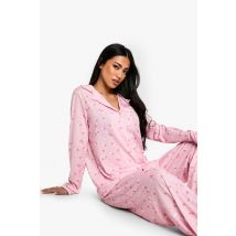 Ensemble De Pyjama À Imprimé Cœur Avec Chemise Et Pantalon - Rose - 34, Rose