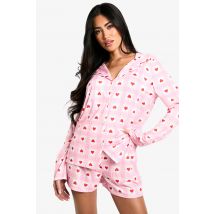 Ensemble À Imprimé Cœur Avec Chemise À Manches Longues Et Short - Rose - 36, Rose