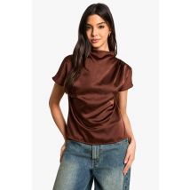 Blouse À Col Montant Et Manches Courtes - Marron - 36, Marron