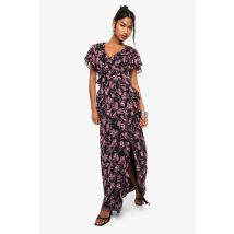 Robe Longue Fleurie À Col V - Noir - 36, Noir