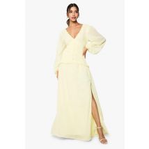 Chiffon Long Sleeve Pleated Waist Maxi Dress - Citron - 36, Citron