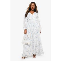Grande Taille - Robe Longue Fleurie À Manches Longues - Bleu - 56, Bleu