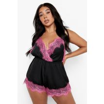 Grande Taille - Combishort De Nuit À Détails Contrastants En Dentelle - Noir - 56, Noir