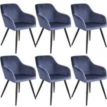 Tectake - 6er Set Stuhl Marilyn Samtoptik, schwarze Stuhlbeine - Blau - 6 Stück