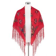 Trachtentuch mit Fransen und Rosenmuster ~ rot, blau