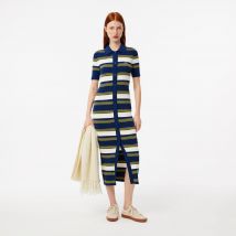 Lacoste - Robe chemise tricot côtelé rayée - Couleur : Bleu / Blanc / Beige / Jaune