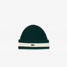 Lacoste - Bonnet laine cardée côtelée - Couleur : Vert / Blanc