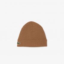 Lacoste - Bonnet en laine peignée côtelée - Couleur : Marron