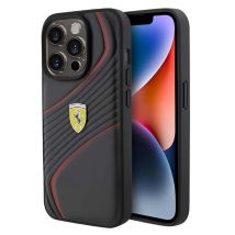 Coque en Cuir pour iPhone 15 Pro avec Logo Twist Métal Noir / Rouge