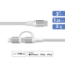 Force Power Cable reforzado 2 en 1 USB-C/Lightning MFi a USB-C 3A PD 60 W de 1,2 m Blanco - Nuevo