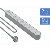 Parafoudre 5 prises Type E 800J + 2 ports USB A+C PD 1.5m Grise et Blanche + Garantie à vie Force Power Lite