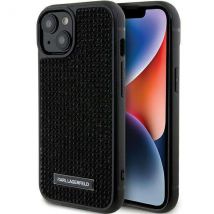 Funda Karl Lagerfeld para iPhone 15 6.1 carcasa rígida negra Rhinestone Logo Metal Plate - Nuevo