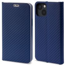 Moozy Étui Portefeuille pour iPhone 13 Mini, Bleu Foncé Carbone - Étui à Rabat avec Bordure Métallique, Fermeture Magnétique, Flip Cover avec Porte-