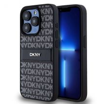 DKNY Funda para iPhone 15 Pro Max con diseño repetido de rayas tonales y logotipo metálico Negro - Nuevo
