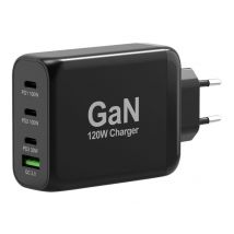 PORT Connect Chargeur Mural GaN USB-C Power Delivery & USB-A Quick Charge 120W avec câble type C 2 mètres Noir Prise EU