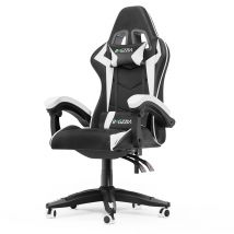 Chaise de jeu inclinable à dossier haut en cuir PU avec appui-tête et support lombaire - Blanc