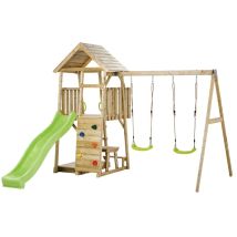 KANGUI Aire de jeux portique en bois WOODI - Double balançoire, toboggan, mur d'escalade, bac a sable, cabane, échelle