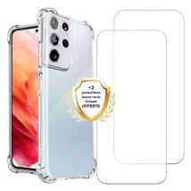 EVETANE Coque Samsung Galaxy S21 Ultra 5G Antichoc coins renforces Silicone + 2 Vitres en verre trempe Protection ecran