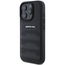 Étui AMG pour iPhone 16 Pro 6.3 noir étui rigide en cuir Lignes en relief Logo noir