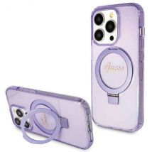 Étui Guess pour iPhone 15 Pro 6.1 violet étui rigide Ring Stand Script Glitter MagSafe