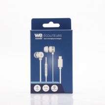 Ecouteurs filaire WE intra. Câble plat 1,20m, connecteur USB-C, boîtier de contrôle du volume et microphone intégré. Blanc