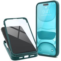 Moozy Coque 360 pour iPhone 14 Pro - Coque transparente à bord vert, protection intégrale double face, coque avec protecteur d'écran intégré