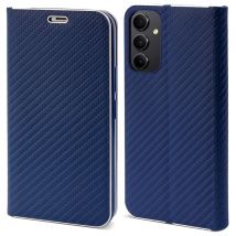 Moozy Étui portefeuille pour Samsung A34 5G, Bleu foncé Carbone – Étui à rabat avec bordure métallique, fermeture magnétique, porte-cartes et fonction