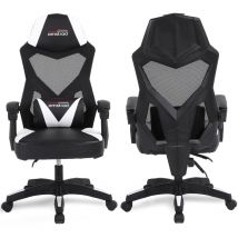Amstrad AMS-309-WH Fauteuil / Chaise / Siège de bureau ou Gamer noir & blanc - Coussin lombaire - Tissu en maille respirante