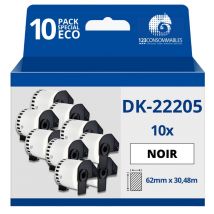 Pack de 10 Rouleaux Étiquettes compatible avec BROTHER DK-22205 - Largeur 62 mm x 30,48 mètres - T