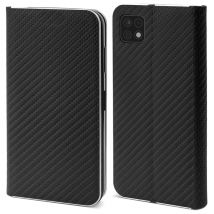 Moozy Étui Portefeuille pour Samsung A22 5G, Noir Carbone - Étui à Rabat avec Bordure Métallique, Fermeture Magnétique, Flip Cover avec Porte-Cartes 