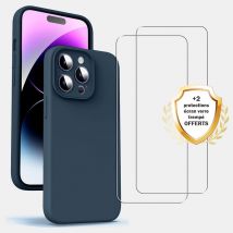 EVETANE Coque iPhone 14 Pro Silicone liquide Bleu Marine + 2 Vitres en Verre trempé Protection écran Antichocs