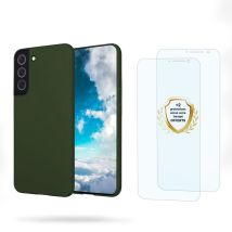 EVETANE Coque Samsung Galaxy S22 Vert Foret Silicone liquide + 2 Vitres en Verre trempé Protection écran Antichocs