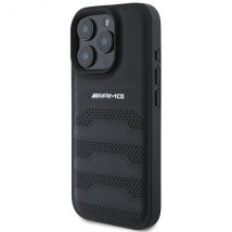 Étui AMG pour iPhone 16 Pro Max 6.9 noir étui rigide en cuir Lignes en relief Logo noir
