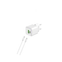 WTK - Chargeur mural PowerPort Speed LITE 20 W double USB UE + câble de charge/synchronisation rapide USB-C vers USB-C, Blanc