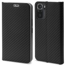 Moozy Étui Portefeuille pour Xiaomi Redmi Note 10 / Note 10S, Noir Carbone - Étui à Rabat avec Bordure Métallique Fermeture Magnétique Flip Cover avec