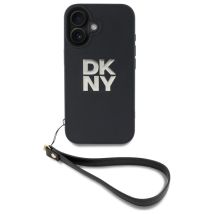 Étui DKNY pour iPhone 16 6.1 noir étui rigide Wrist Strap Stock Logo
